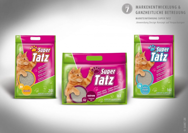 Verpackungsdesign. SuperTatz Katzenstreu.